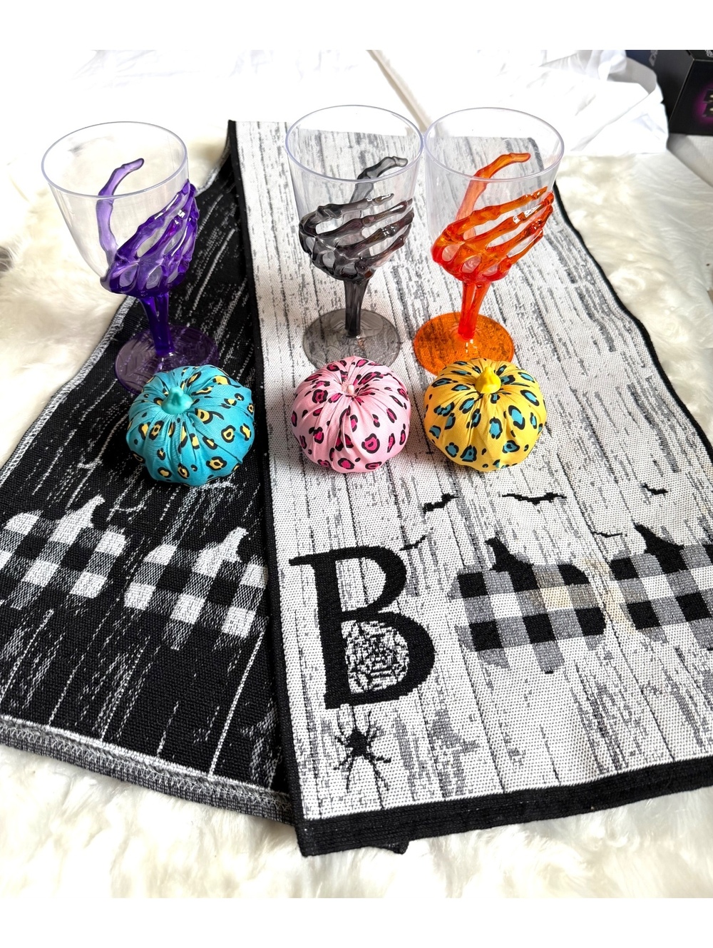 Halloween Theme Table Runner with Pumpkins and Skeleton Cups